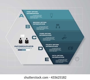 Design clean template/graphic or website layout. 5 steps in the row hexagonal shape layout.