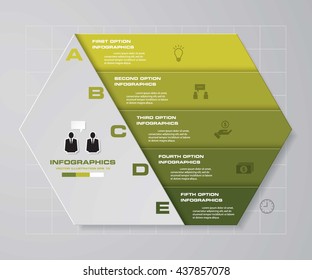 Design clean template/graphic or website layout. 5 steps in the row hexagonal shape layout.