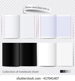 Design of clean, unfolded pages of the book, magazine, notebook, album. isolated vector EPS10. Collection of notebook sheet for study.