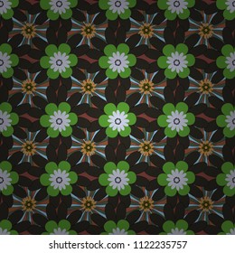 Design for cloth, wallpaper, gift wrapping. Seamless background with cute simple flowers in gray, green and brown colors. Print for silk, calico and home textiles. Vector vintage natural pattern.