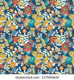 Design for cloth, wallpaper, gift wrapping. Print for silk, calico and home textiles. Seamless background with cute simple flowers in brown, blue and orange colors. Vector vintage natural pattern.