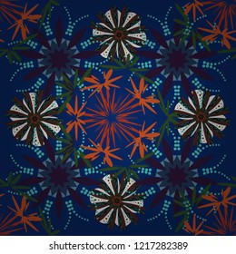 Design for cloth, wallpaper, gift wrapping. Seamless background with cute simple flowers in green, blue and brown colors. Print for silk, calico and home textiles. Vector vintage natural pattern.