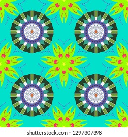 Design for cloth, wallpaper, gift wrapping. Seamless background with cute simple flowers in blue, green and gray colors. Vector vintage natural pattern. Print for silk, calico and home textiles.