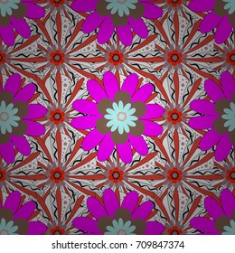 Design for cloth, wallpaper, gift wrapping. Seamless background with cute simple flowers in red, brown and purple colors. Vector vintage natural pattern. Print for silk, calico and home textiles.