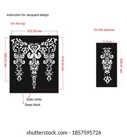 Design for clothes. Baroque jacquard details for top and sleeves. Measurements shown. Suitable for dresses, sweaters, hoodies - Vector.