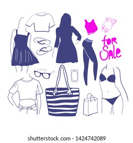 Design for clothing store advertisements, seasonal sales, accessories, shopping bag, slippers, sunglasses, graphic graphics in vector