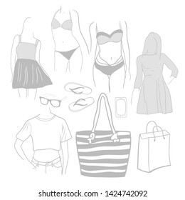 Design for clothing store advertisements, seasonal sales, accessories, shopping bag, slippers, sunglasses, graphic graphics in vector