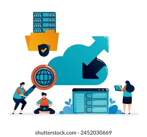 design of cloud data center illustration. access folder for cloud users. up arrow down to upload download file internet access