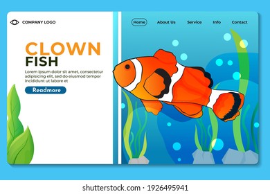 Design Clown Fish Illustration website Landing Page. Template for websites, or apps. Modern design. Dynamic shapes composition. Eps10 vector.