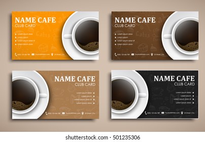 Design of club cards with hand drawings. Template with a cup of black coffee, top view. Vector illustration. Set