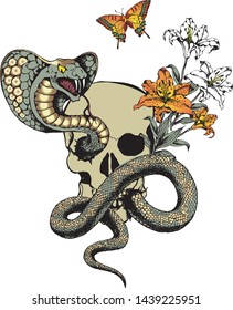 Design of cobra, scull and flowers.  Suitable for posters, cards, tattoo. Vector illustration