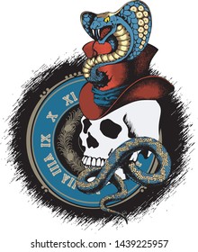 Design of cobra, scull and flowers.  Suitable for posters, cards, tattoo. Vector illustration