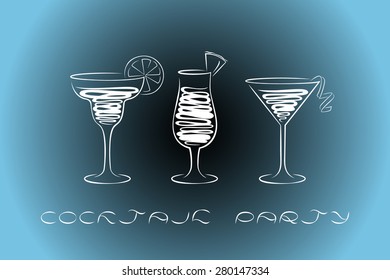 Design for cocktail party invitation with different types of cocktail glasses. EPS8 vector.