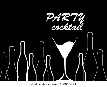 Design for cocktail party.Wine list.Vector set of bottles for alcohol.Glasses for alcoholic drinks.Bottle background.