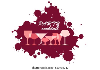 Design for cocktail party.Wine list.Vector set of bottles for alcohol.Glasses for alcoholic drinks.Bottle background.
