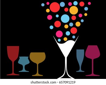 Design for cocktail party.Wine list.Vector set of bottles for alcohol.Glasses for alcoholic drinks.Bottle background.