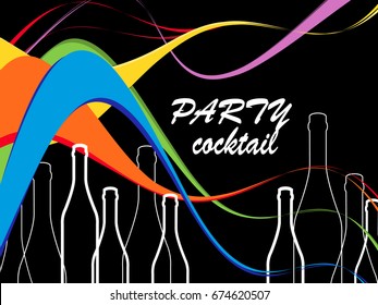 Design for cocktail party.Wine list.Vector set of bottles for alcohol.Glasses for alcoholic drinks.Bottle background.