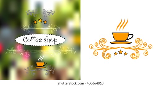Design for cofee shops. Vintage hand-drawn elements, vectorized view of street objects, cup and stars.