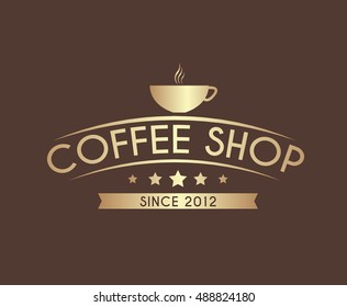 Design coffee cup logo with steam, for a cafe or shop. The template in gold color. Vector illustration