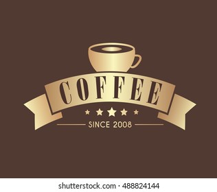 Design coffee logo with a ribbon for a cafe or shop. The template in gold color. Vector illustration