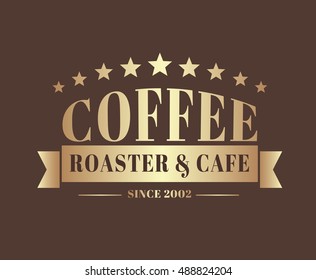 Design coffee logo with ribbon and stars, for a cafe or shop. The template in gold color. Vector illustration