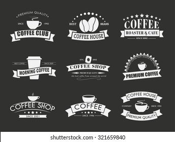 Design coffee logos (emblems) in the old style with ribbons. Vector illustration. Set on a black background