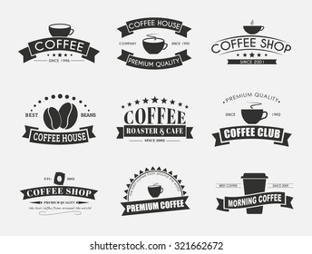Design coffee logos (emblems) in the old style with ribbons. Vector illustration. Set on a white background