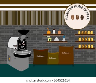 Design of coffee roaster cafe , machine,coffee bean ,shop,drip pot, in vector illustration. Cartoon in flat style. 