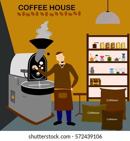 Design of Coffee roaster and  machine with coffee bean and grinder in background  in vector illustration. Cartoon in flat style. 