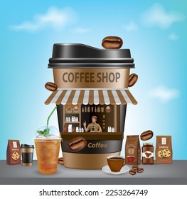 Design a coffee shop in the shape of a glass with coffee products.