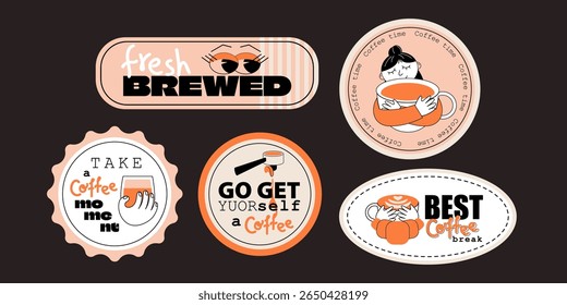 Design of coffee stickers and icons. Retro art for cafe, poster, stores, coffeeshop. Concept characters and coffee mugs. Flat vector illustration. 
