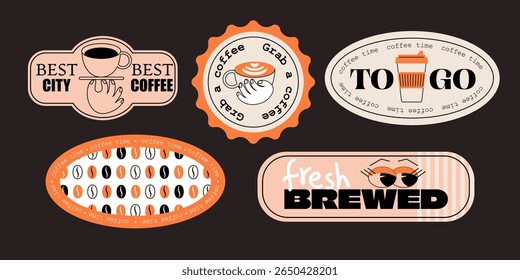 Design of coffee stickers and icons. Retro art for cafe, poster, stores, coffeeshop. Concept characters and coffee mugs. Flat vector illustration. 
