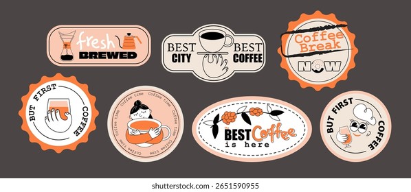 Design of coffee stickers and icons. Retro art for cafe, poster, stores, coffeeshop. Concept characters and coffee mugs. Flat vector illustration. 
