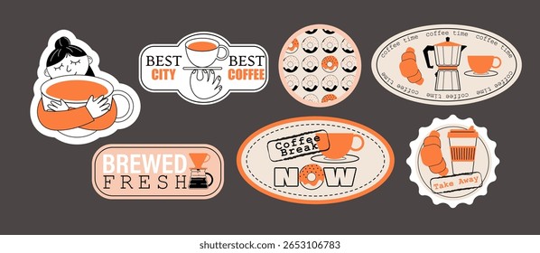 Design of coffee stickers and icons. Retro art for cafe, poster, stores, coffeeshop. Concept characters and coffee mugs. Flat vector illustration. 
