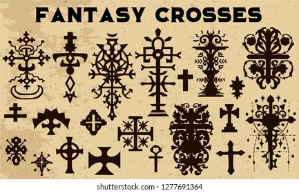 Design collection with black silhouettes of fantasy crosses. Vintage vector decorative religious illustration, old gothic graphic drawings