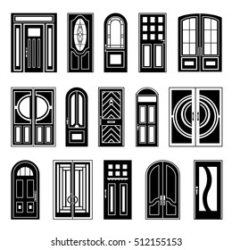 Design collection of black silhouettes front and interior doors on white background for retail sale and online shopping isolated vector illustration