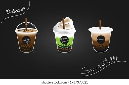 design collection of bubble milk tea, green tea and cocoa. Black pearl milk tea with chocolate is famous drink has a sweet, delicious flavor and has a pleasant aroma large size and small cup vector.