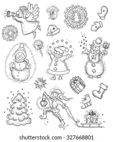 Design collection with Christmas characters, objects and symbols, with hand drawn elements