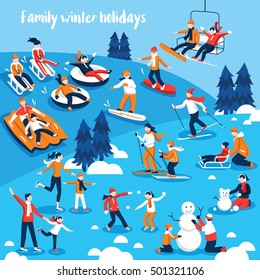 Design collection of decorative icons  with people and their kids engaged in winter sports on holidays flat vector illustration 