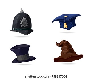 Design collection of English headgear. Traditional helmet of metropolitan British police officers. Blue graduation cap with gold tassel. The black hat of a gentleman. Witch hat for Halloween. Vector 