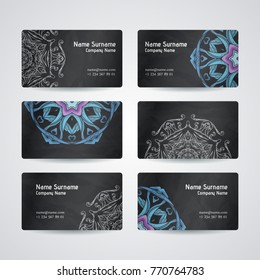 Design collection with mandala symbols. Set of business cards with circle ornament. Vector tribal ethnic decoration