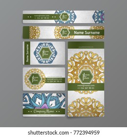 Design collection with mandala symbols. Set of business cards with circle ornament. Vector tribal ethnic decoration