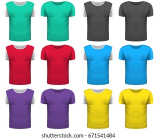Design collection of realistic T-shirts mock up on white background. Youth T-shirts for Your business project. Sport and pop T-shirt styles. Vector Illustration