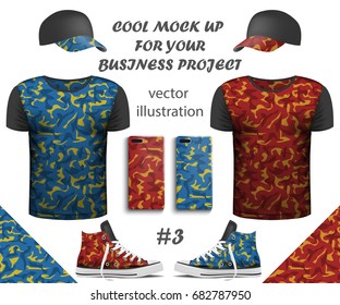Design collection of realistic T-shirts, smartphone, Sneakers and cap mock up with Seamless pattern on white background. Youth T-shirts for Your business project. Vector Illustration