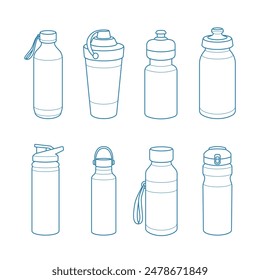 Design collection of refillable drinking water bottles outline vector illustration. Suitable for packaging sports drink bottles and energy drinks.