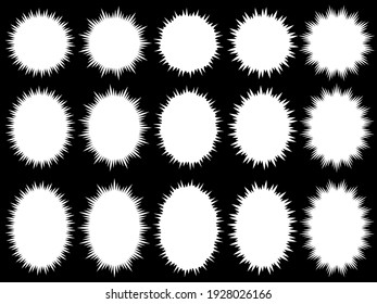 Design-Kollektion von weißen Radial-Speech-Ballons auf schwarzem Hintergrund (kreisförmiges und vertikales Oval)
