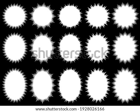 Design collection of white radial Speech balloons on black background (circular and vertical oval)
