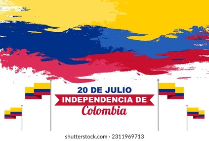 Design of Colombia independence day on 20th july, celebration greeting banner with flag decoration in brush stroke style