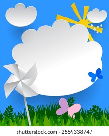 The design of the color page template is in 3d style of a paper cut summer landscape with white clouds, green grass, a toy paper propeller and butterflies on a blue background. Vector illustration