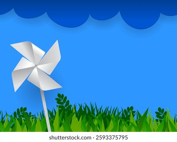 The design of the color page template is in 3d style of a paper cut summer landscape with white clouds, green grass and a paper propeller on a blue background. Vector illustration. NOT AI generated